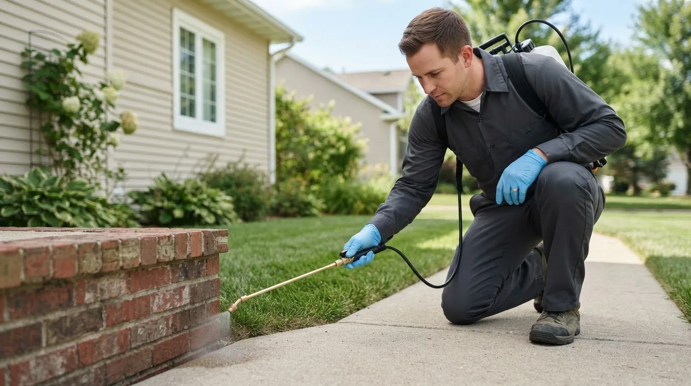 Pest control technician treating a home near Tinley Park, IL
